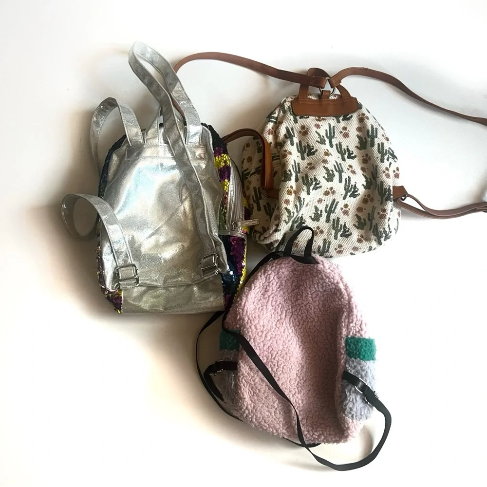 Mini Backpack Bundle - 3- Cactus, Multicolored with Panda and Sequin Backpacks